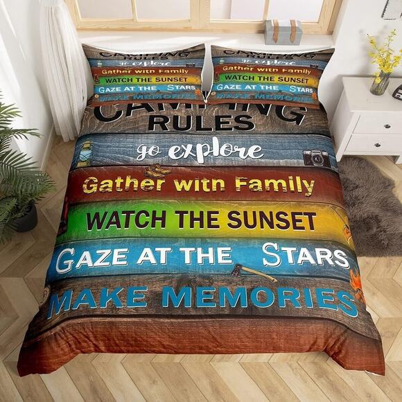 3 Piece Camping Rules Duvet Cover Camper Bedding Set King Size